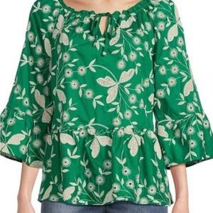 John Mark Green Embroidered Eyelet Peasant Tunic Top Sz.L Flounce Sleeve Sheer